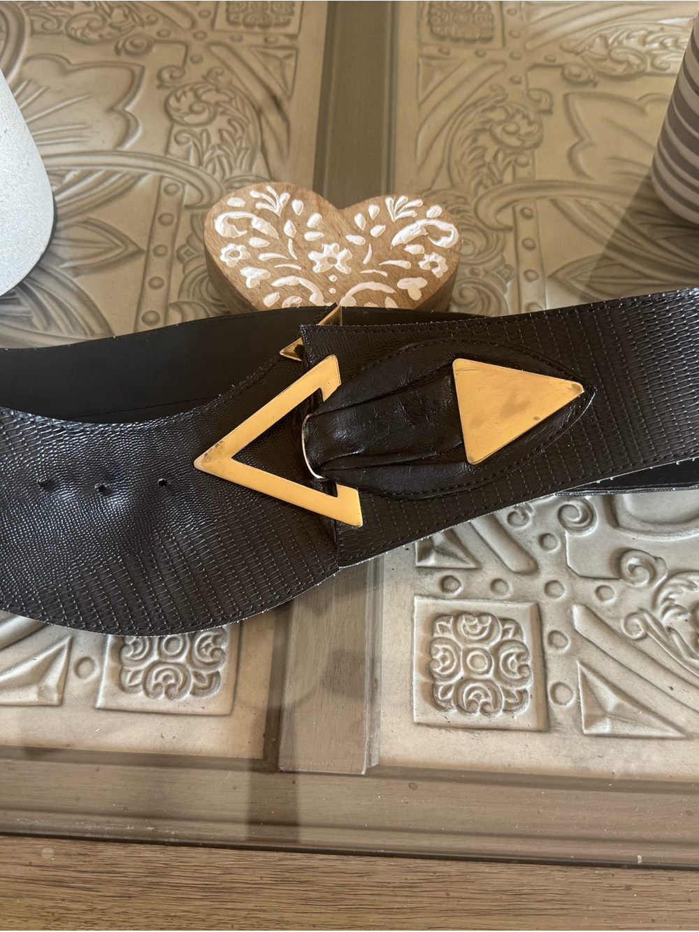 Black Textured Waist Belt with Gold Geometric Buckle